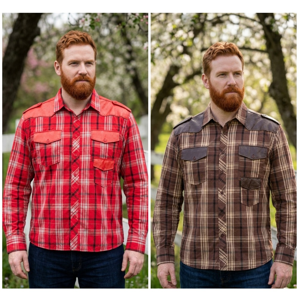 Noiz Mens Plaid Button Down Shirt Bundle 2XL Brown Red Faux Leather Western Yoke